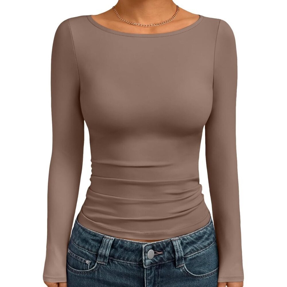 Women's Long Sleeve Boat Neck Top Cotton Blend Casual Wear Fitted Tee